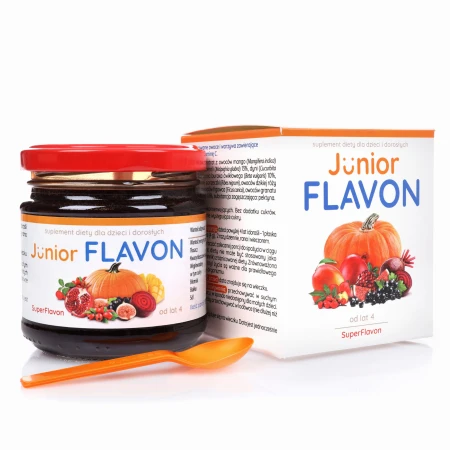 Junior Flavon – słoik, opakowanie i łyżeczka dozująca