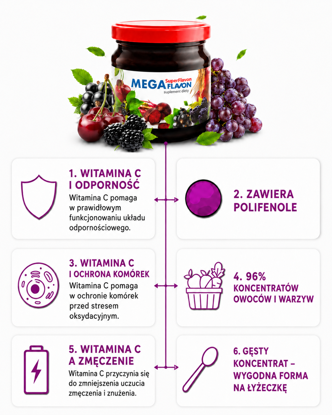Mega Flavon – najważniejsze cechy: witamina C, polifenole, 96% koncentratów owoców i warzyw oraz gęsta forma na łyżeczkę
